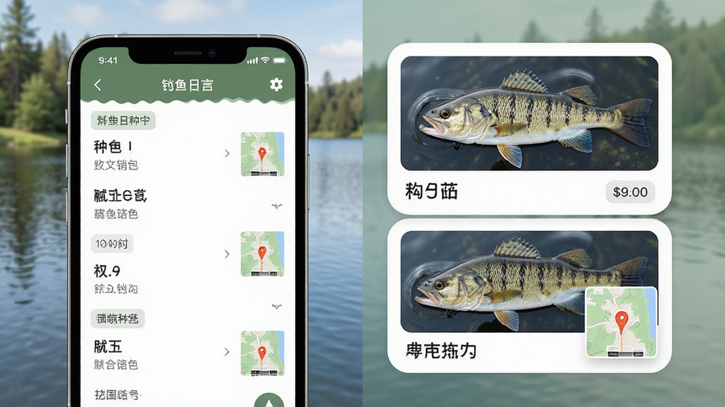 手机界面展示钓鱼日志列表与地图定位,主体为手机与渔获照片卡片,布局左右分栏,排版清晰,风格清新户外风,细节包含鱼种名称、时间标签与地图缩略图,画质高清干净无多余元素