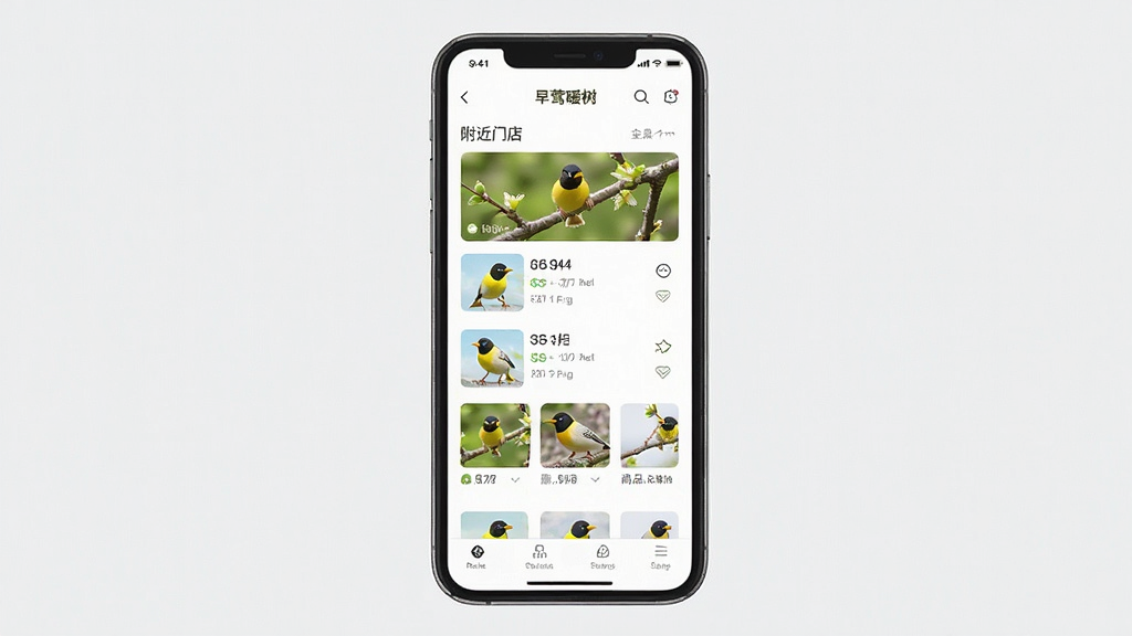 手机屏幕展示早莺暖树应用首页,附近门店列表与商品分类清晰排列,整体布局简洁,现代扁平化风格,细节精致,画质清晰,干净无多余元素