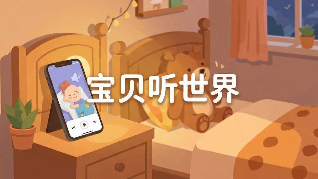温馨儿童卧室场景,床头放置一部手机正在播放哄睡音频,画面中央排版“宝贝听世界”软件名称,柔和暖光,扁平插画风格,细节简洁,画质清晰干净,无多余元素