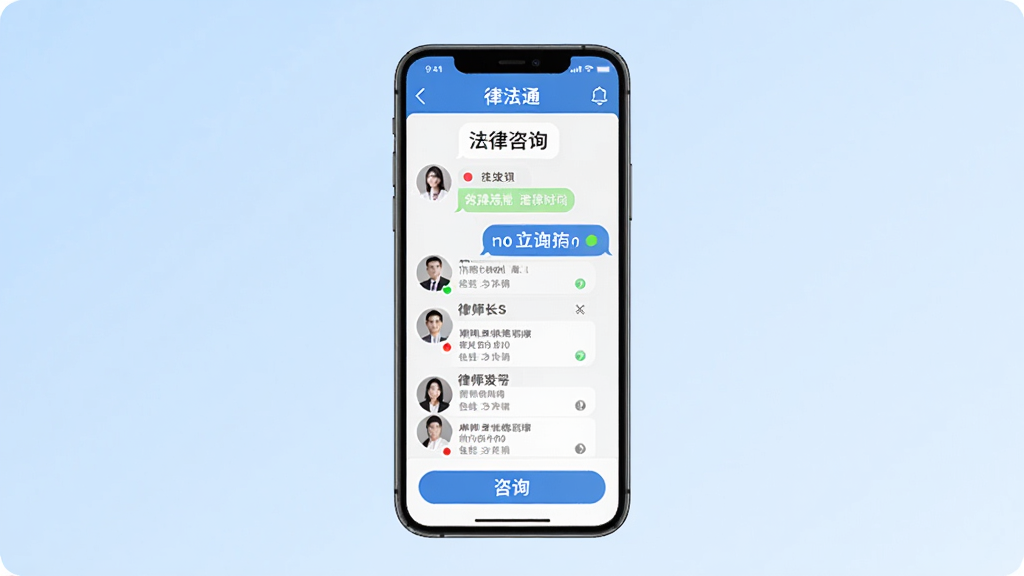 律法通手机应用界面展示,主体为一部竖屏智能手机居中放置,屏幕内呈现法律咨询聊天窗口与律师列表排版,背景为浅蓝色渐变,风格简洁商务,细节包含律师头像、在线状态标识、咨询按钮,画质清晰,干净,无多余元素