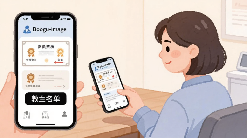 Boogu-Image 生成一张医美咨询场景插画,主体为一位用户坐在桌前用手机查看医生资质页面,布局为人物居中手机屏幕侧向展示,排版简洁突出手机界面,风格为柔和插画风浅色调,细节包含资质证书图标与黑白名单标签,画质清晰干净无多余元素