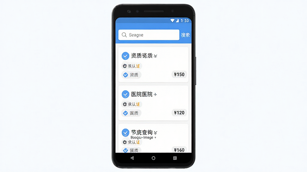 Boogu-Image 生成一张手机应用界面展示图,主体为一部竖屏安卓手机,屏幕内显示医美机构资质查询列表页面,布局为顶部搜索栏加下方卡片式医院条目,排版整齐留白适中,风格为清爽医疗蓝白色调扁平化设计,细节包含资质认证小图标与价格标签,画质高清干净无多余元素