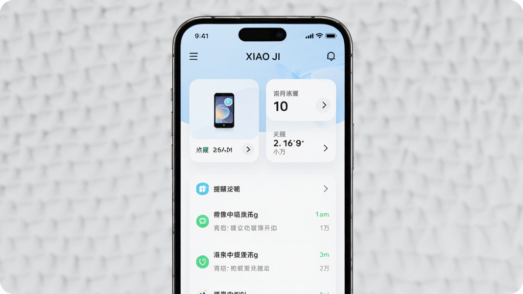 ����Ϊһ���ֻ���Ļ��ʾXIAO JIӦ����ҳ������Ϊ�����ֻ�����չʾ���Ű��࣬�������ǳɫ��ϸ�ڰ����豸��Ƭ�������б������������ɾ��޶���Ԫ��