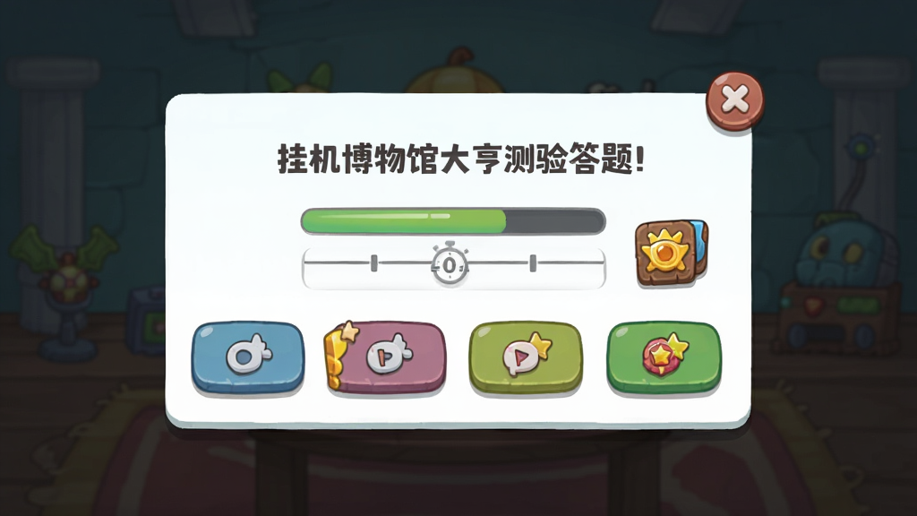 挂机博物馆大亨测验答题界面,主体为问答弹窗与四个选项按钮,布局为居中卡片式排版,风格为清新卡通游戏UI,细节包含题目文字、计时条与奖励图标,画质清晰干净无多余元素