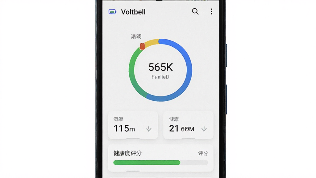 主体为一部安卓手机屏幕显示Voltbell电池哨兵应用界面,布局为居中手机正面展示,排版简洁上下留白,风格为清爽科技风,细节包括电池电量环形图、温度数值卡片、健康度评分条,画质清晰干净无多余元素