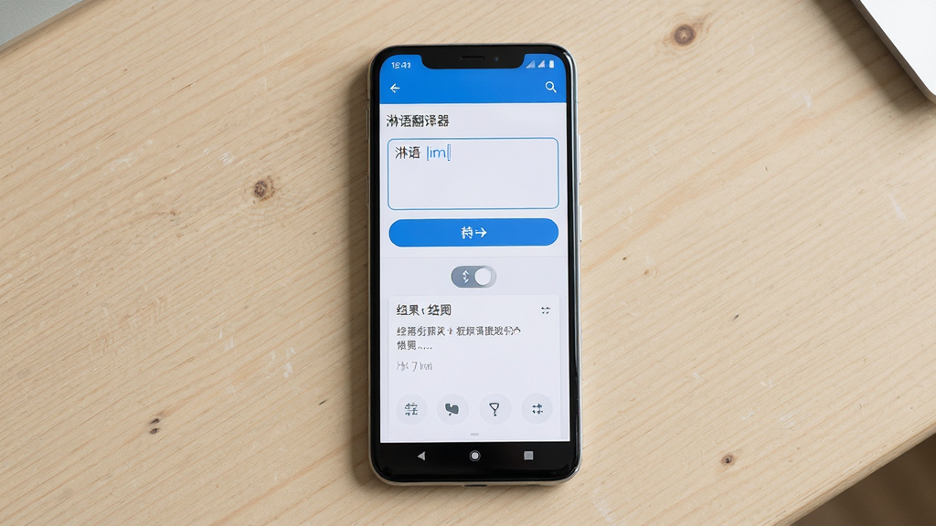主体为一部安卓手机屏幕显示淋语翻译器文本输入与转换结果界面,布局为手机居中放置于浅色桌面,排版简洁单屏展示,风格为清爽科技感UI界面,细节包含输入框、转换按钮、结果展示区与双向切换标签,画质高清干净无多余元素