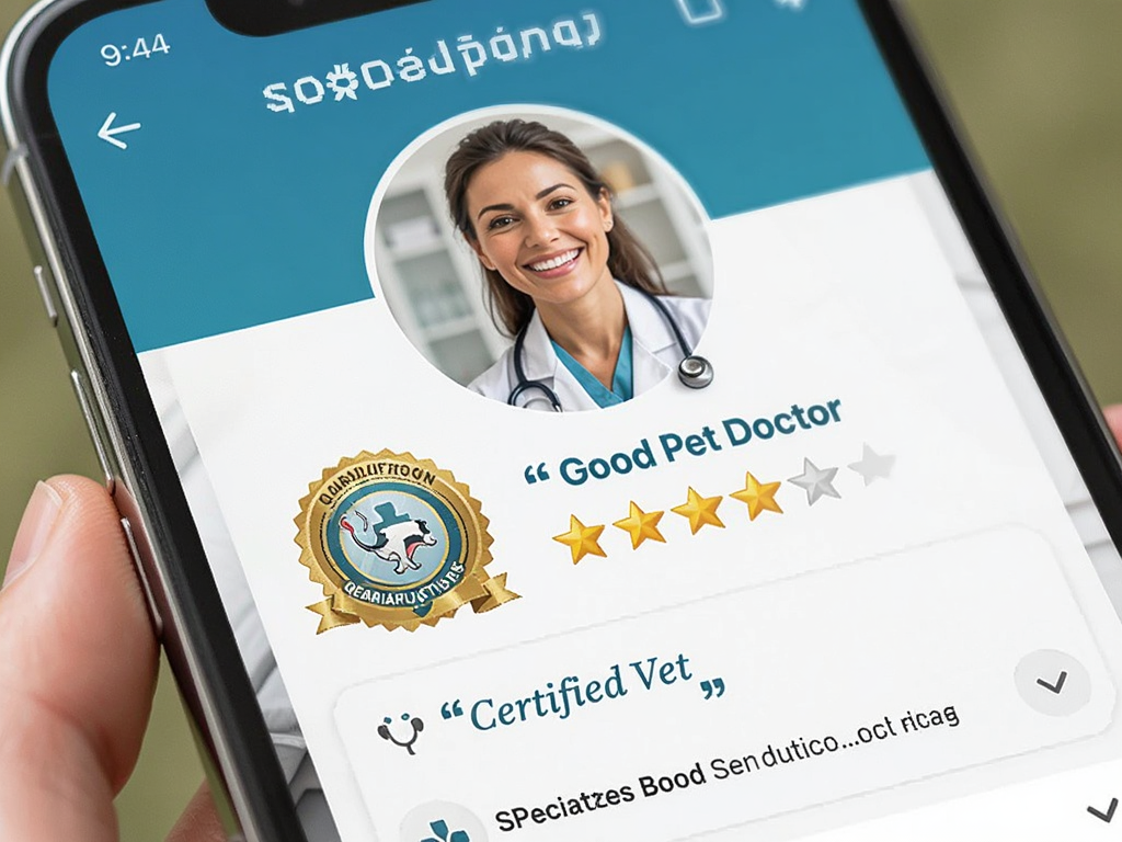 Close-up of a smartphone screen showing a veterinarian profile page for