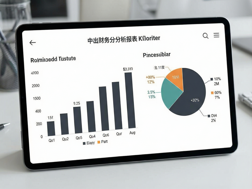 美食餐厅App生成的月度财务分析报表界面,包含柱状图收入趋势和饼图成本构成,数字清晰可见,白色背景搭配深灰色文字,专业商务风格,简洁布局,高清晰度渲染