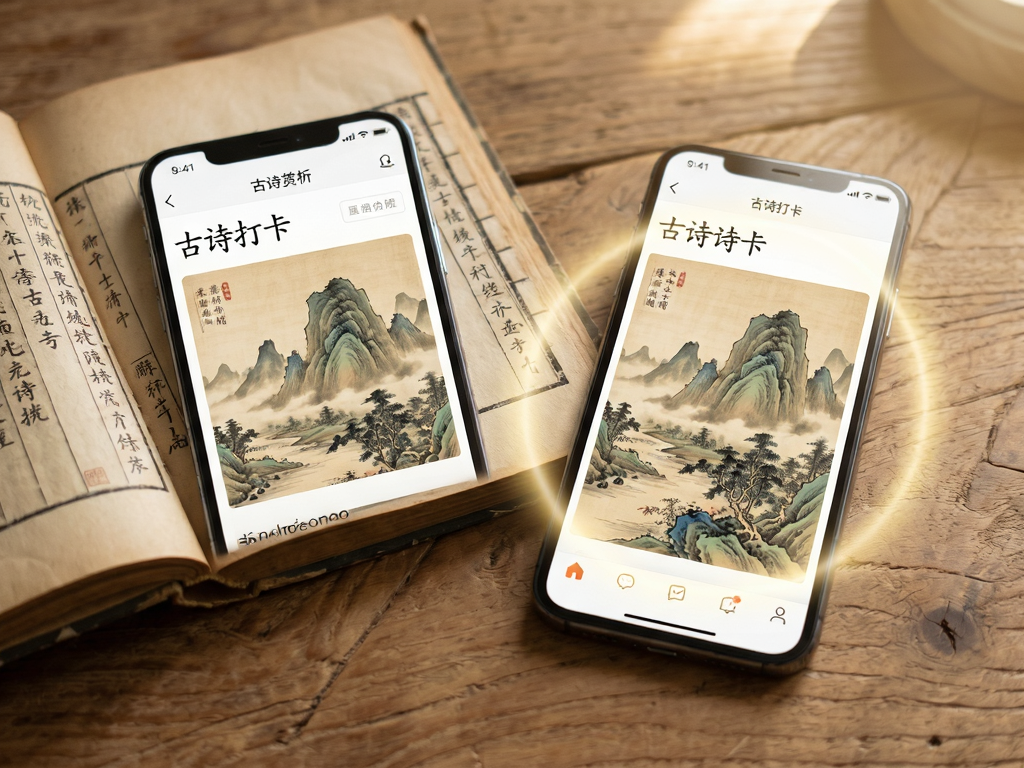一本打开的古籍旁边放着一部智能手机,手机屏幕上显示古诗打卡APP的赏析页面,页面上有一幅精美的古代山水画插图,周围环绕着柔和的光晕,桌面木质纹理清晰,光线自然温馨,高清摄影风格,主体突出