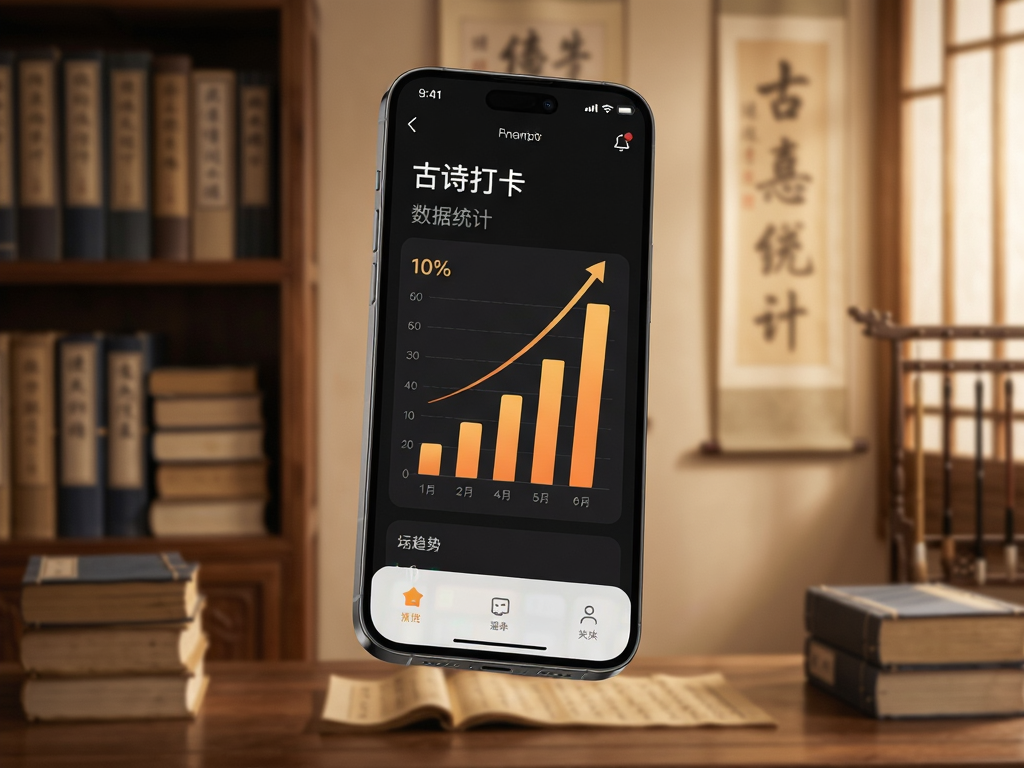 一部现代智能手机悬浮在空中,屏幕显示古诗打卡APP的数据统计页面,柱状图呈上升趋势,背景是虚化的中国传统书房场景,书架上摆满古籍,色调温暖典雅,科技感与文化感融合,高分辨率渲染,干净无杂质