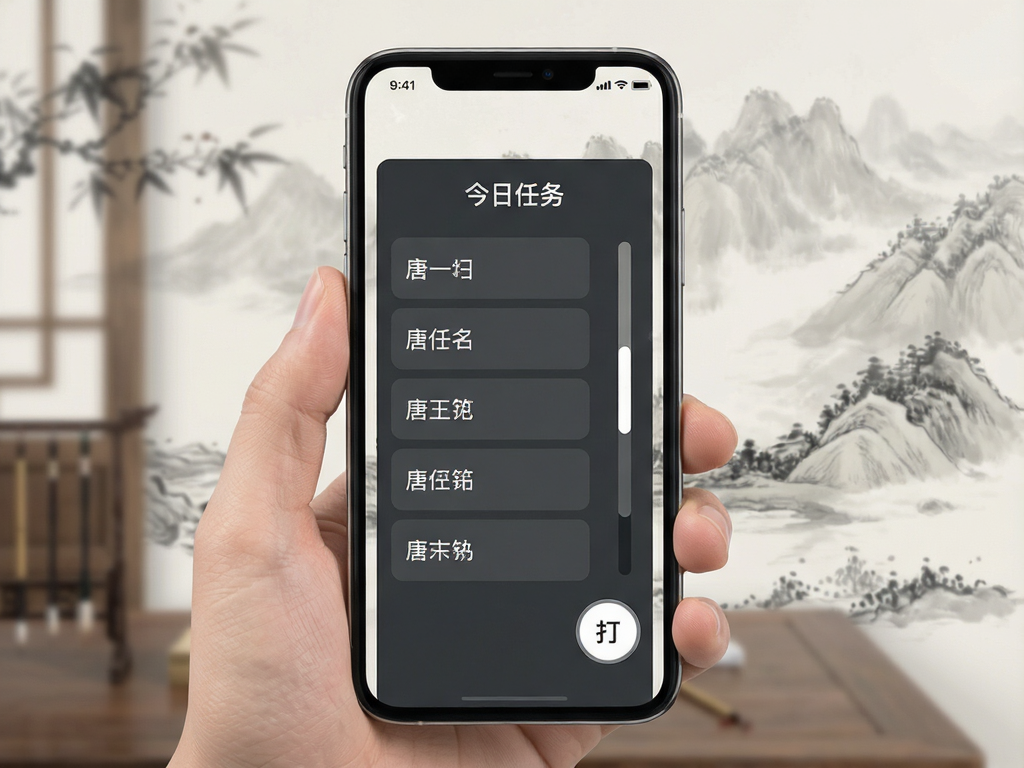 一张手机屏幕显示古诗打卡APP界面的图片,背景为淡雅的水墨风格,屏幕中央清晰显示“今日任务”列表,包含几首著名唐诗标题,右侧有进度条和打卡按钮,整体布局简洁明了,白色文字配深灰色背景,高清晰度,无多余装饰元素