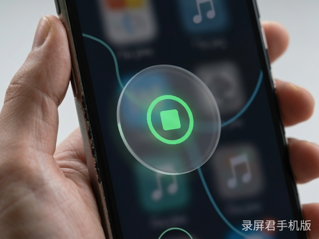 Boogu-Image style, realistic mobile phone hand holding device, floating semi-transparent circular button on screen edge, glowing green record icon inside, soft lighting, detailed texture, text 