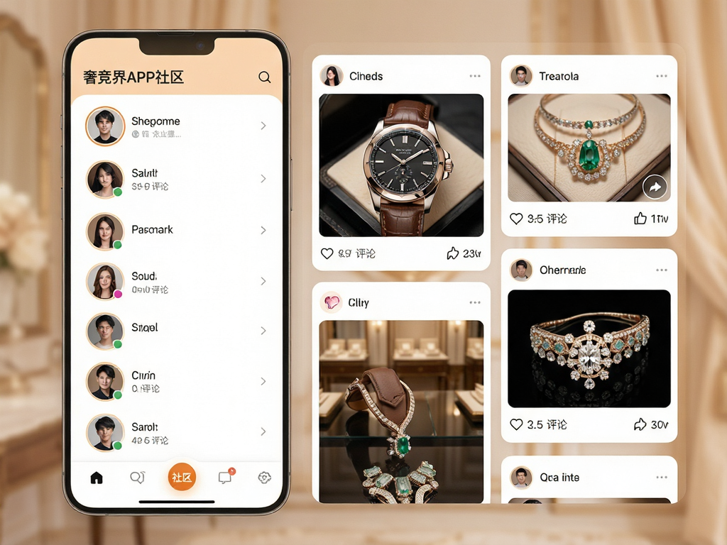 �ݾ���APP����ҳ�����ͼ�����Ϊ�û�ͷ���б����Ҳ�Ϊ�ٲ���ʽ�����ӿ�Ƭ����Ƭ���ݰ��������ֱ����鱦��ͼƬ��������������ɫ����ů��ͣ��������룬�ײ�������ͻ����������ͼ�꣬����ɾ���࣬�߷ֱ���