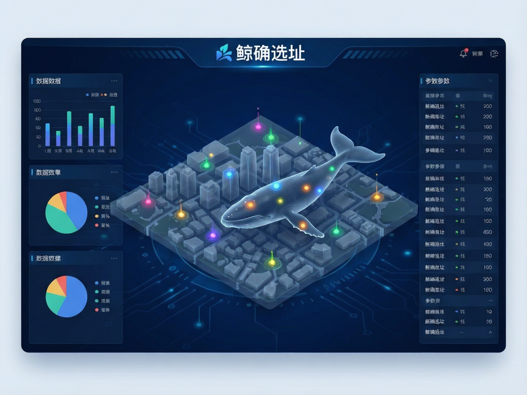 一张展示鲸确选址软件界面的图片,主体为深蓝色科技风格背景,中央悬浮着半透明的3D城市地图模型,地图上分布着彩色光点代表不同数据层,左侧有垂直排列的数据图表,包括柱状图和饼图,右侧显示详细的参数列表,整体布局清晰,排版整洁,现代UI设计风格,细节丰富,画质高清干净无多余元素,文字“鲸确选址”位于顶部Logo位置