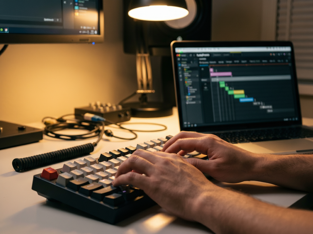 Close-up shot of hands typing on a mechanical keyboard next to an open laptop showing the Lenyes Audio timeline view, professional studio atmosphere, warm ambient lighting, sharp focus on screen content, cinematic depth of field, high detail