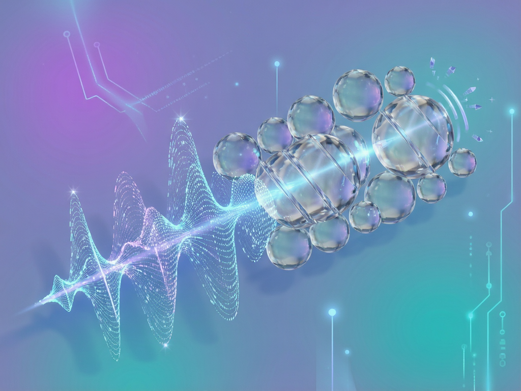 Isometric 3D illustration of digital sound waves transforming into crystal clear spheres, representing noise reduction technology, soft gradient background in purple and teal, futuristic tech style, detailed textures, 8k quality, centered composition