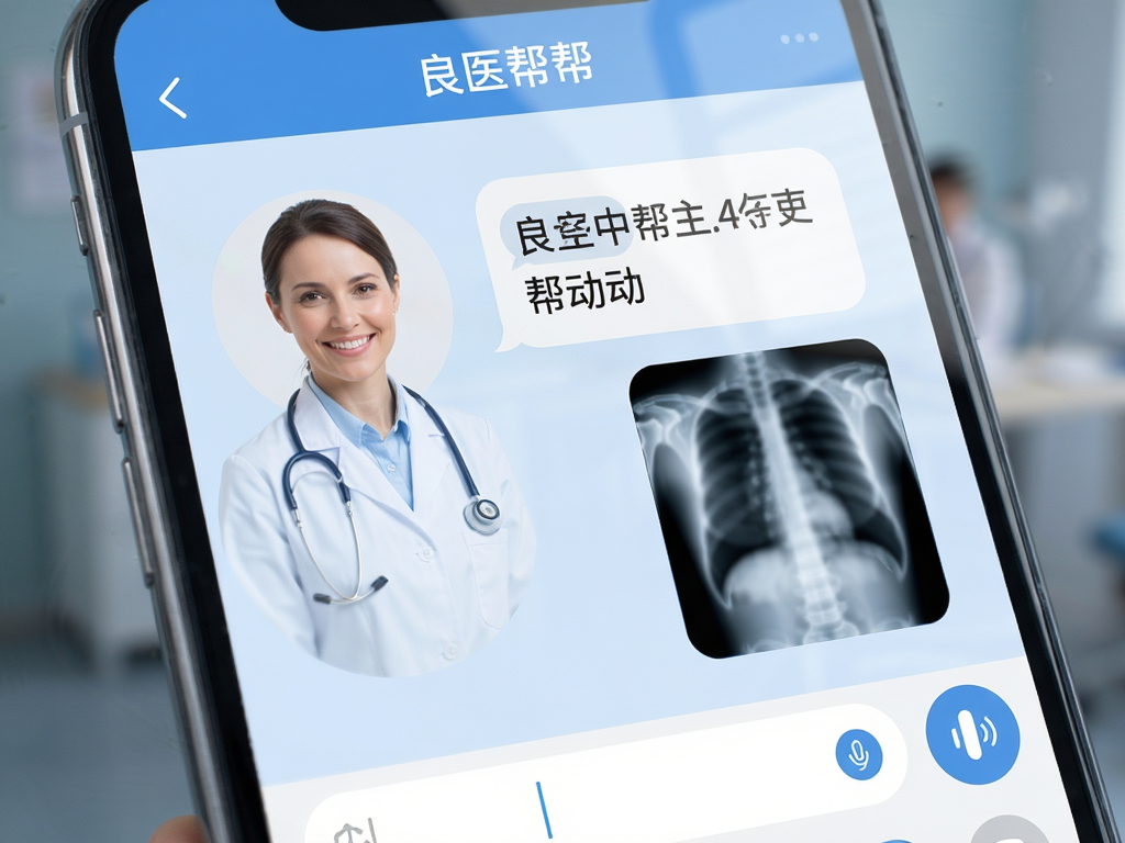 �����ֻ�չʾ��ҽ��APP�ڵ�������棬����Ǵ��Ű״��΢Ц��Ůҽ��ͷ���Ҳ����û����͵���Ϣ���ݣ��������ֺ�һ��ģ��������X��Ƭ����ͼ���ײ���������������ť������ɫ�����������䣬���ַ��ϼ�ʱͨѶ�����淶�����дʵ���棬ϸ��ͻ����Ļ����Ч��������4k���������ұ���