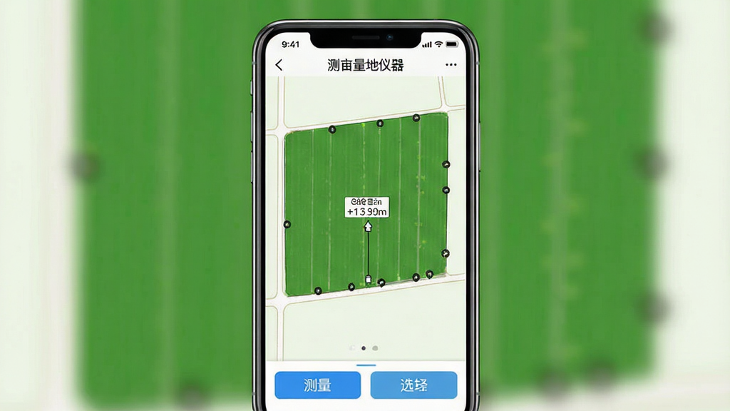 一张展示测亩量地仪器软件界面的手机屏幕截图,画面中央是绿色农田地块的测量地图,地图上标注着面积数据,屏幕上方显示软件名称“测亩量地仪器”,下方有测量方式选择按钮,整体风格简洁清晰,画质干净,无多余元素