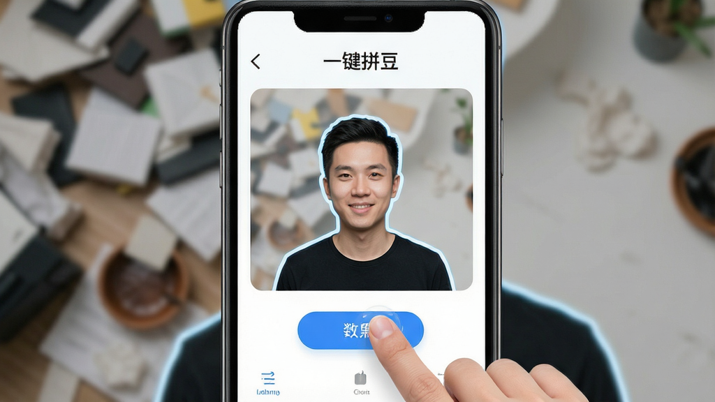 一张「一键拼豆」智能抠图功能展示图,画面中一只手点击按钮,杂乱背景被去除只留下清晰的人物主体轮廓,界面排版居中,风格简洁科技感,细节干净,画质清晰,无多余元素