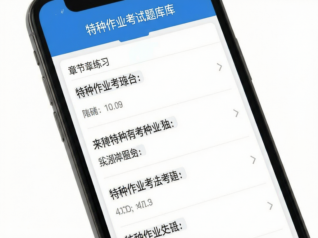 手机屏幕显示特种作业考试题库APP的章节练习界面,白色背景,蓝色标题栏,列表式题目展示,清晰的中文文字,扁平化设计风格,高清晰度,无多余装饰元素