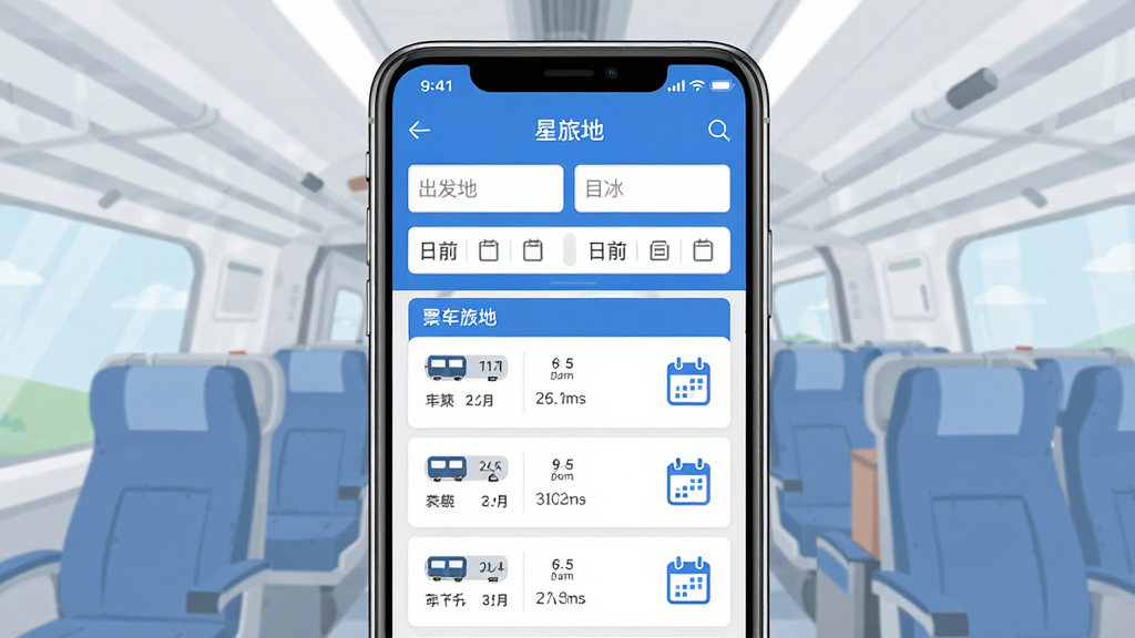 星旅火车票助手应用首页界面展示,主体为手机屏幕中呈现火车票查询页面,包含出发地目的地输入框与日期选择栏,布局采用居中对称排版,风格为清新简约的扁平化UI设计,细节包含蓝色主色调、车次列表卡片与日历图标,画质高清干净,无多余元素
