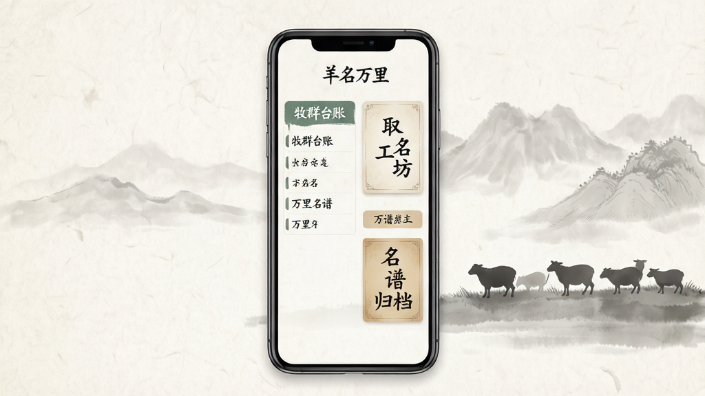 水墨国风风格的手机应用界面展示,画面中央是一部竖直摆放的智能手机,屏幕内呈现“羊名万里”应用主界面,包含牧群台账列表、取名工坊卡片与名谱归档入口,布局清晰分区明确;背景为淡雅宣纸质感与远山牧羊剪影,风格典雅国风,细节上屏幕内文字使用“羊名万里”“牧群台账”“取名工坊”“万里名谱”等字样,画质干净清晰,无多余元素