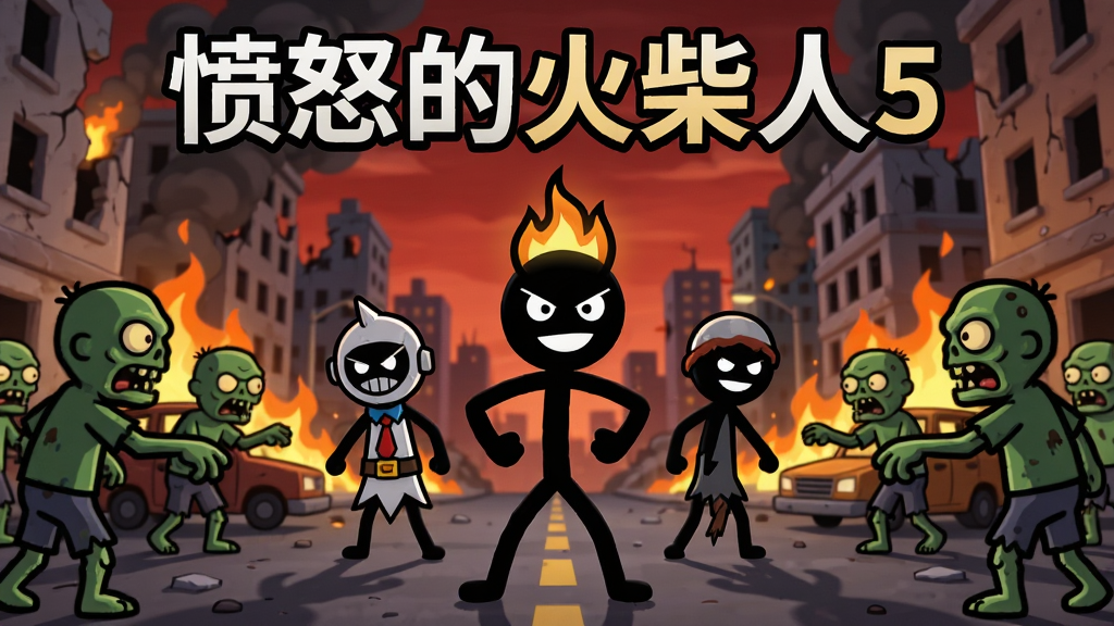 画面主体为一名黑色火柴人英雄站在破败城市街道中央,身后跟着三名不同造型的火柴人同伴,前方是一群绿色僵尸敌人,布局采用中央对称构图,英雄位于画面正中偏下,僵尸群从两侧涌来,风格为美式卡通渲染,细节上火柴人线条粗犷有力,城市背景有破损建筑与燃烧的车辆,天空呈暗红色,画质清晰锐利,画面干净无多余元素,图片上方用醒目字体写