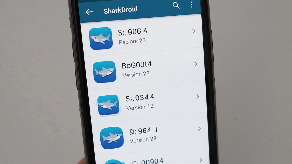 SharkDroid 应用信息查看功能界面,手机屏幕展示已安装应用列表,每项包含应用图标、名称、包名与版本号,布局整齐,排版为纵向列表,风格简洁科技感,细节清晰,画质干净,无多余装饰元素