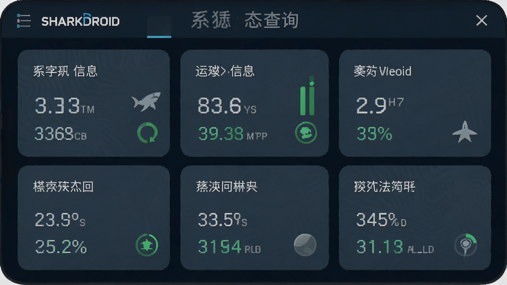 SharkDroid 系统状态查询界面,手机屏幕显示设备运行环境数据面板,包含系统信息条目与状态标识,布局为卡片式排列,风格简约科技,细节清晰,画质干净高清,无多余元素