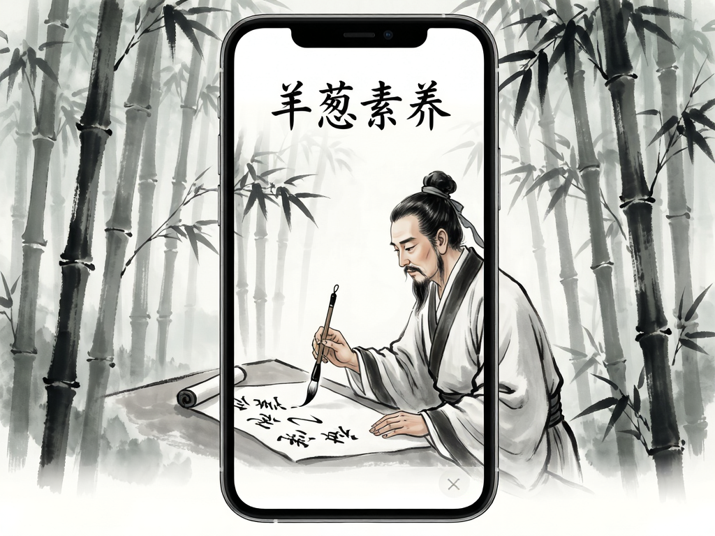 A mobile app interface showing a Chinese ink wash painting style animation of a poet writing calligraphy in a bamboo forest, clean layout, high resolution, no extra elements, soft lighting, detailed brush strokes, text
