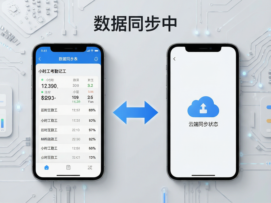 两台智能手机并排摆放,左边显示小时工考勤记工的详细报表页,右边显示同一数据的云端同步状态图标,中间有一个蓝色的双向箭头表示数据传输,背景为浅灰色科技感纹理,文字