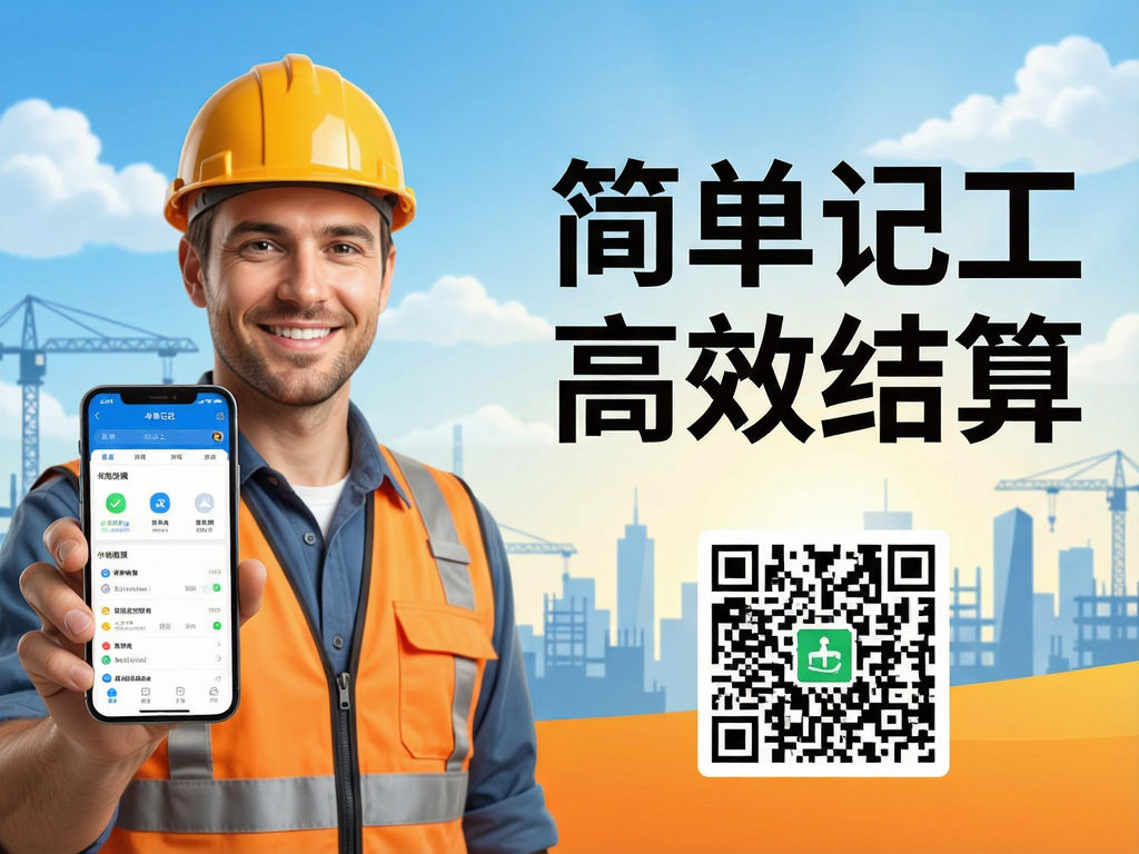 小时工考勤记工APP的宣传海报,画面左侧是一位微笑的建筑工人手持手机展示APP界面,右侧是大字标题