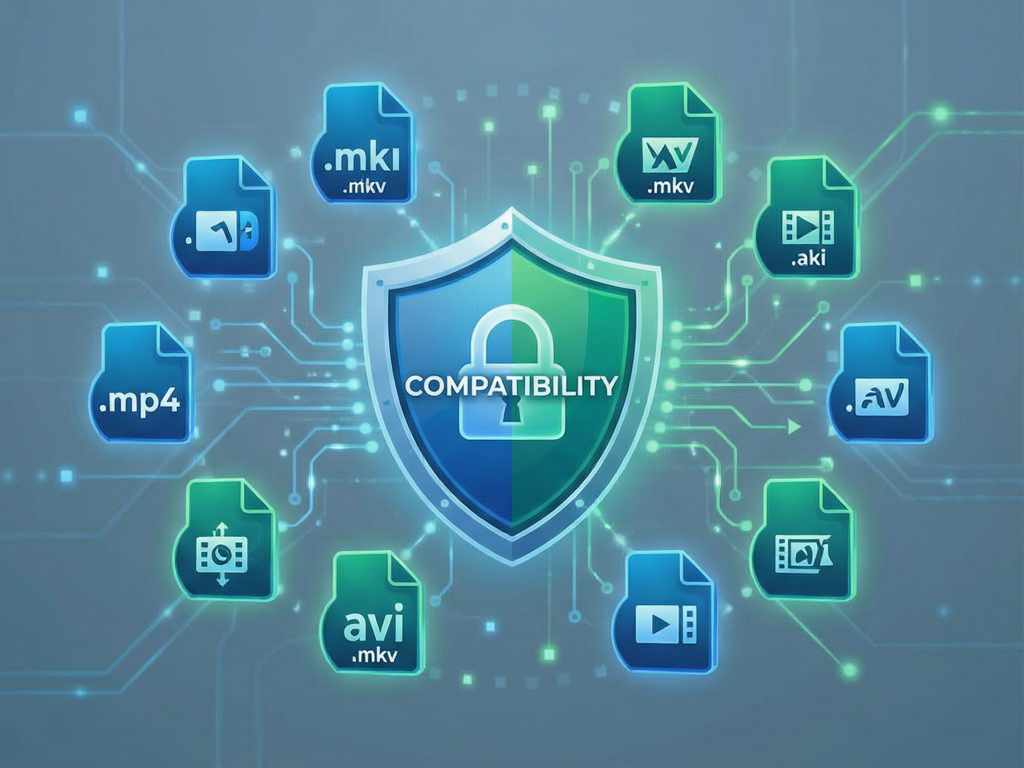 An infographic illustration showing various video file format icons like .mp4 .mkv .avi floating around a central shield icon representing compatibility, blue and green color scheme, digital art style, clean background, high definition, symbolic representation of software feature