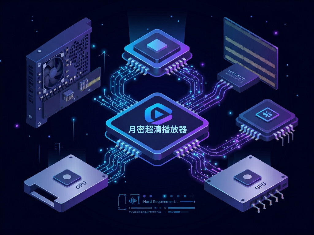 Technical diagram of computer hardware components including CPU, RAM, GPU, and Hard Drive connected by glowing lines to a central software logo 