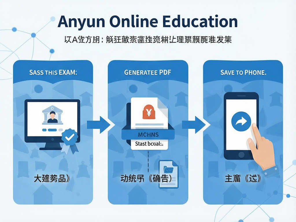 An infographic illustration depicting the process of retrieving a digital certificate in 'Anyun Online Education' app. It shows three steps: passing exam, generating PDF, and saving to phone. The style is flat vector art with professional blue tones, clear icons, simple layout, high quality, no clutter.