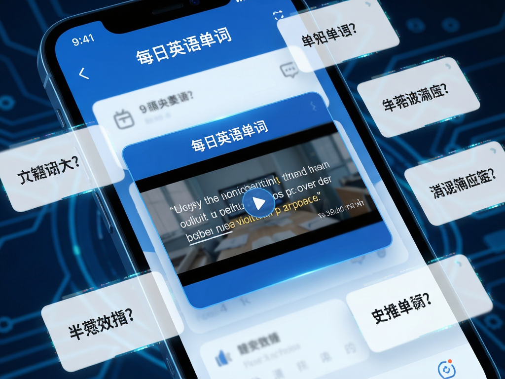 手机界面特写展示“每日英语单词”APP中的一段英文对话视频弹窗,周围环绕着相关单词卡片,科技感蓝色调,UI设计精致,文字“每日英语单词”清晰可见,高分辨率渲染图
