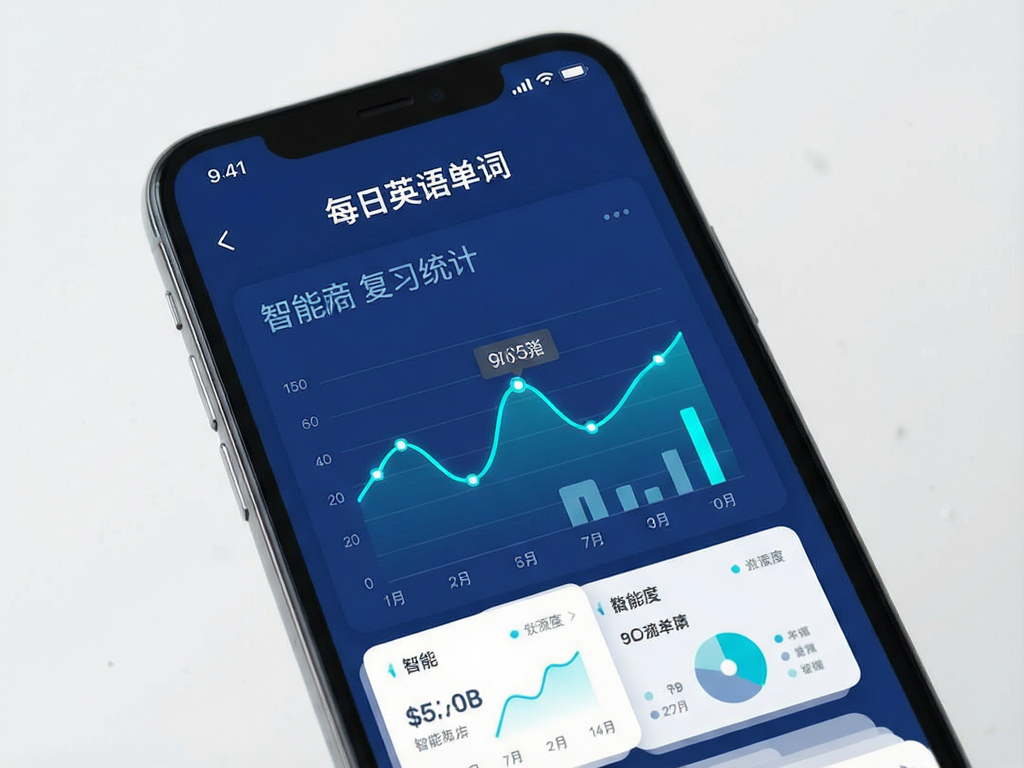 一张展示手机屏幕界面的图片,屏幕上显示着“每日英语单词”APP的智能复习统计图表,深蓝色背景搭配明亮的青色数据线条,现代扁平化设计风格,清晰易读,高画质,无多余元素