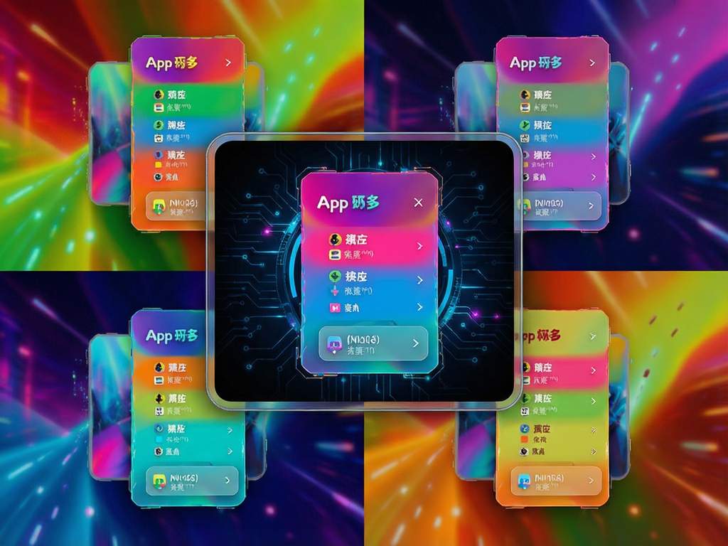 App Menu多主题展示页面,屏幕分割为四个区域分别显示不同配色方案的悬浮菜单,色彩鲜艳对比强烈,中心有一个大的预览窗口,时尚科技感,高清渲染