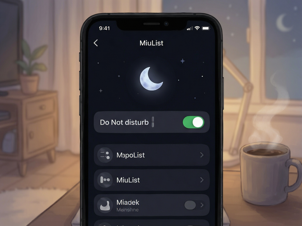 Night mode interface of MiuList showing do not disturb toggle active, moon icon, dark theme aesthetic, calm and quiet atmosphere, high contrast text readability, digital art style