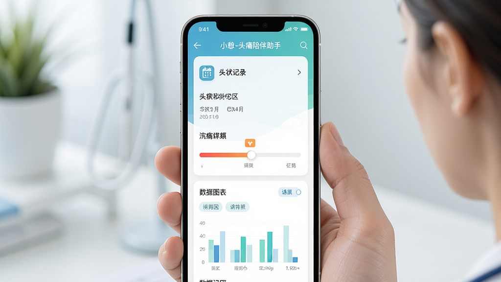 一款名为“小憩-头痛陪伴助手”的手机应用界面展示,主体为手机屏幕中的头痛记录页面,布局清晰分为症状记录区和数据图表区,排版简洁现代,风格清新医疗健康风,细节包含日历图标、疼痛等级滑块和诱因标签,画质高清、干净、无多余元素