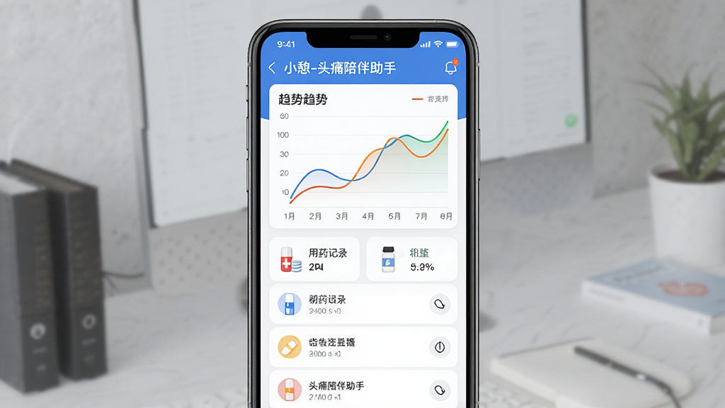 一款名为“小憩-头痛陪伴助手”的手机应用数据图表页面,主体为手机屏幕中的折线图和统计卡片,布局上方为趋势图下方为用药记录列表,排版整齐,风格简约商务,细节包含彩色数据曲线和药物图标,画质高清、干净、无多余元素