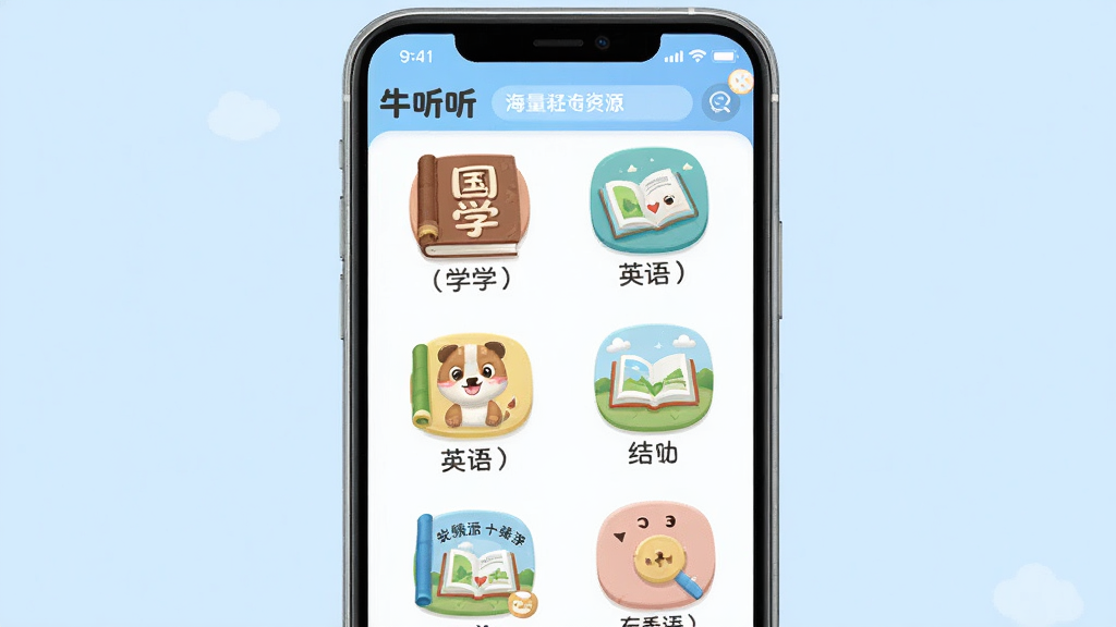ţ����APP����չʾ������ͯ��Ƶ��Դ�����б����ֻ���Ļ���У�����Ϊ���ǳ��ɫ�����ּ��������������¿�ͨ��ϸ�ڰ�����ѧ��Ӣ��汾ͼ�꣬���ʸ���ɾ��޶���Ԫ��