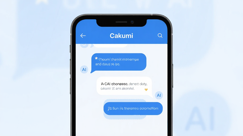 Cakumi AI聊天应用主界面,手机屏幕居中展示对话气泡,用户与AI一问一答,界面简洁清爽,蓝白配色,顶部显示应用名称“Cakumi”,背景为浅色渐变,风格现代扁平化,细节清晰,画质干净,无多余元素