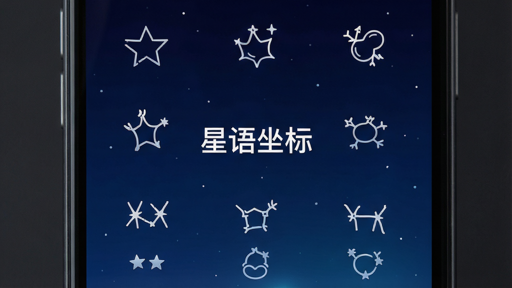 手机应用界面特写,画面展示十二星座选择列表,每个星座配有简洁线框图标,背景为深空蓝渐变,界面中央用白色字体标注