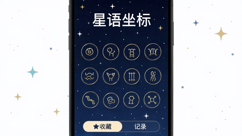 手机屏幕竖版构图,画面中央是深蓝色星空背景的手机应用界面,界面顶部用白色字体写