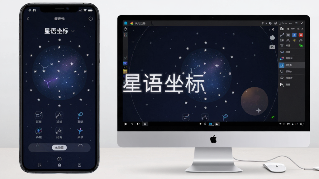 手机与电脑模拟器并排展示的界面示意图,左侧手机屏幕显示星语坐标星座选择页,右侧电脑屏幕显示安卓模拟器运行同一应用,背景为简洁浅色桌面,画面中央标注
