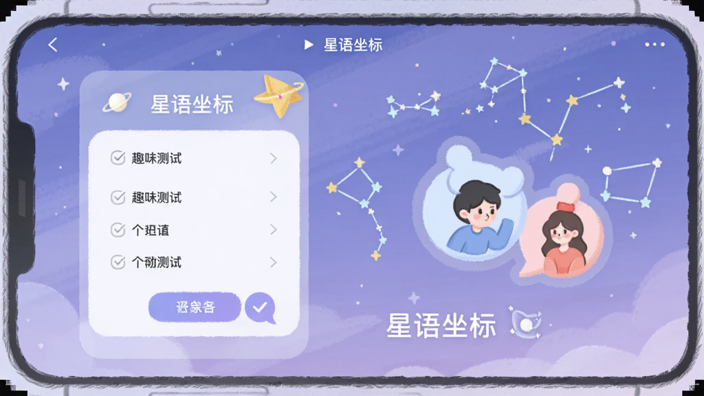 手机界面横版构图,画面左侧为趣味测试答题卡片,右侧为双人互动图标与星座元素,背景为柔和紫蓝色星空,界面中可见