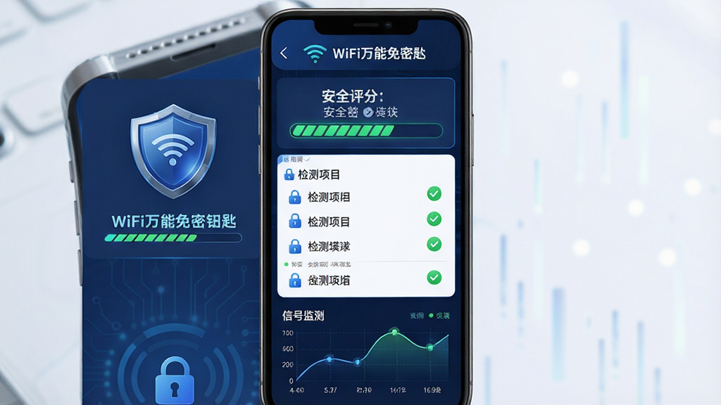 �ֻ�����չʾWiFi�������ܳ׵İ�ȫ����ģ�飬����Ϊ����ͼ���밲ȫ���������������϶���Ϊ��WiFi�������ܳס����⣬�в�Ϊ��ȫ����������Ŀ�б����ײ�Ϊ�źż�����ߣ��Ű����ҷ��������Ϊ���������Ƽ��磬ϸ�ڰ�������ͼ������ɫ�Թ������ʸ��壬�ɾ����޶���Ԫ��