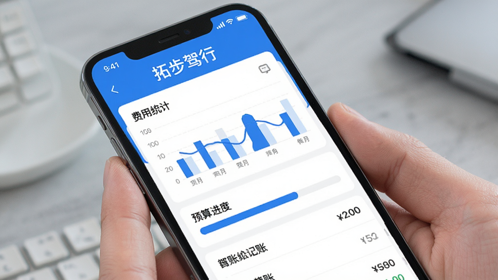 手机界面展示“拓步驾行”费用账本页面,包含费用统计图表、预算进度条与记账列表,界面以蓝色和白色为主,图表清晰,风格简洁现代,画质干净无多余元素