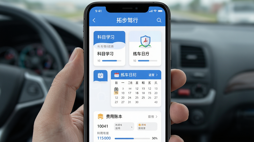 手机屏幕中展示驾考学习界面,页面标题为“拓步驾行”,画面包含科目学习卡片、练车日历与费用账本三个模块,整体布局简洁清晰,蓝色与白色为主色调,扁平化UI风格,细节包含图标与进度条,画质清晰干净,无多余元素